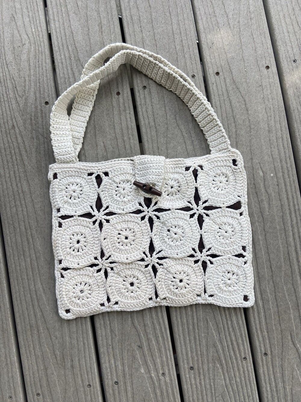 Crochet Granny Square Shoulder Bag Cream Brown Lined Boho Tote